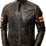 Cafe Racer Vintage Motorcycle Genuine Leather Jacket Red Strips on Sleeves Motorbike Style Retro Rub Off Black