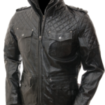 THE HUB LEATHER Winty Genuine Leather Jacket Quilted Design Flap Pockets Removable Rib Collar Plus Size Black