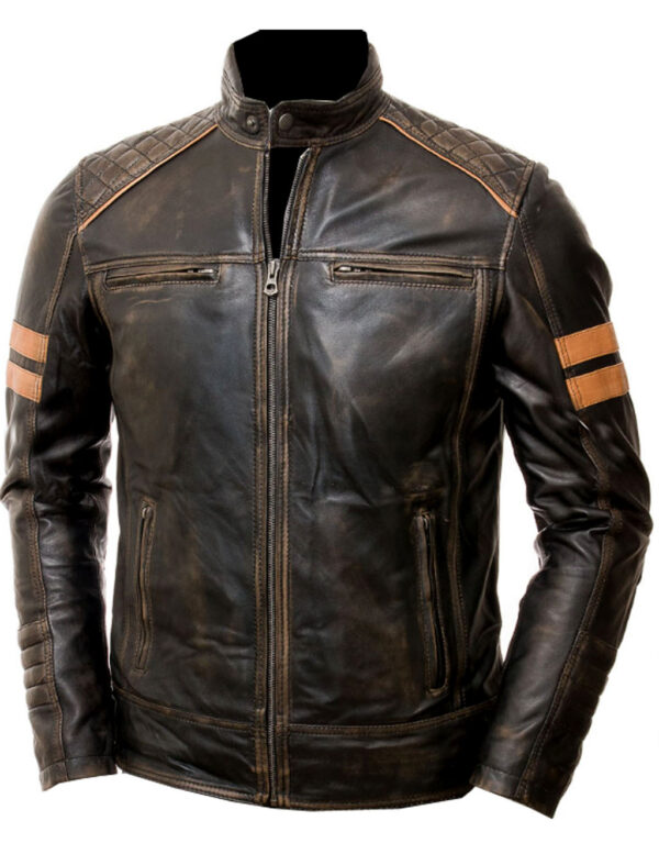 Cafe Racer Vintage Motorcycle Genuine Leather Jacket Red Strips on Sleeves Motorbike Style Retro Rub Off Black