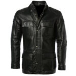 THE HUB LEATHER Storm Jacket Genuine Leather Flap Patch Pockets Dual Front Option Racing Jacket 3/4 Length for Men Black