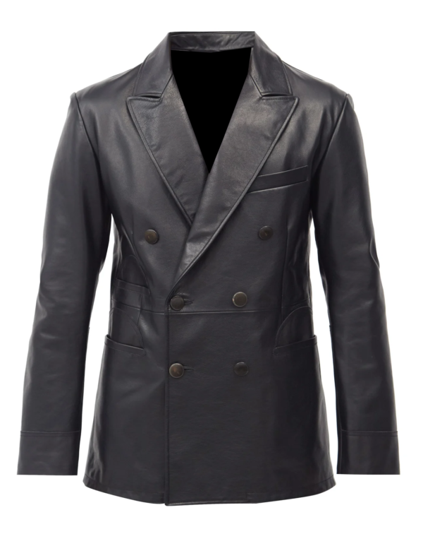THE HUB LEATHER Classic Men’s Double-Breasted Coat Real Leather Regular and Plus Size Black