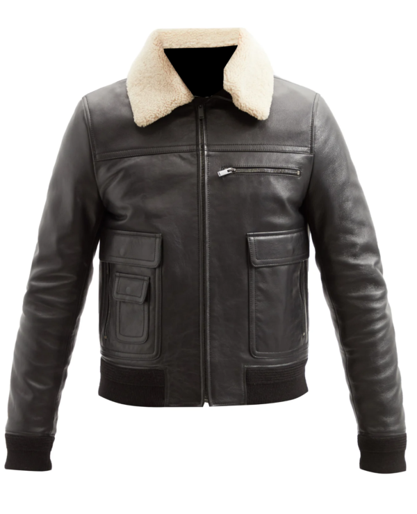 THE HUB LEATHER SmartFit Men’s Bomber Real Leather Jacket Sheepskin Fur Collar Jacket Shirt Style Black