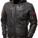 THE HUB LEATHER Symbolic Cafe Racer Bike Jacket Genuine Leather with Red Strips on Sleeves Motorcycle Black