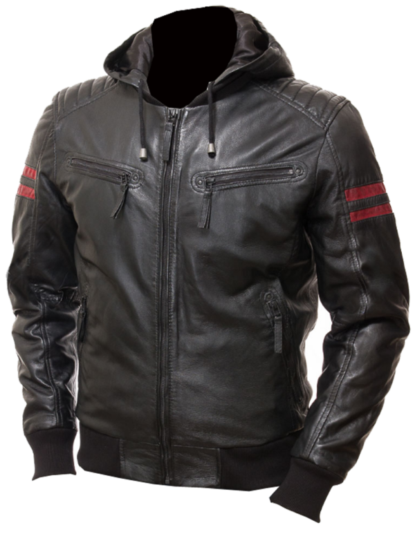 THE HUB LEATHER Symbolic Cafe Racer Bike Jacket Genuine Leather with Red Strips on Sleeves Motorcycle Black