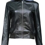 THE HUB LEATHER Spirit Black and Gray Hooded Bomber Real Leather Jacket Missy Plus Size