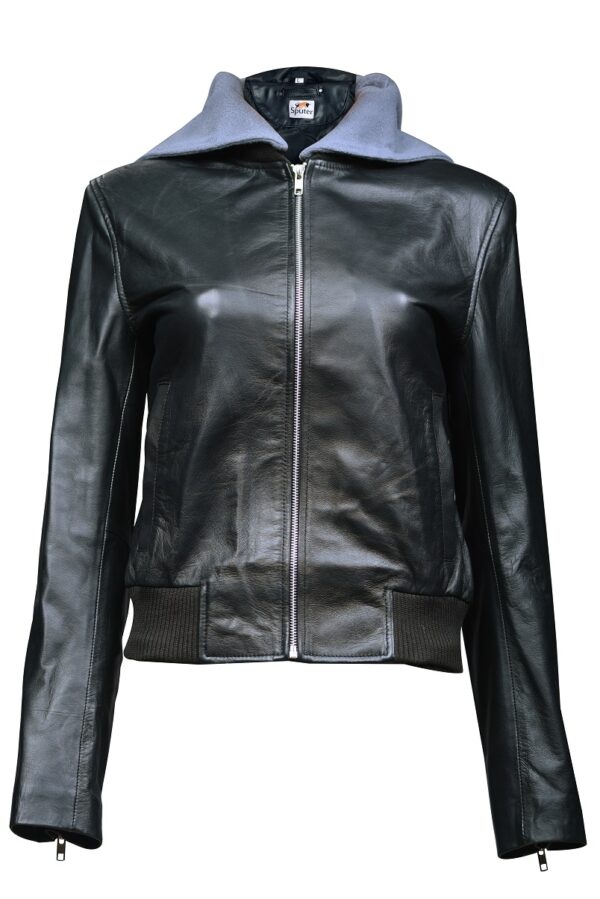 THE HUB LEATHER Spirit Black and Gray Hooded Bomber Real Leather Jacket Missy Plus Size