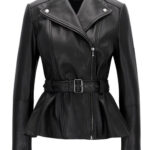 THE HUB LEATHER Belle Black Blazar Trench Coat Belted Peplum Real Leather Jacket Women