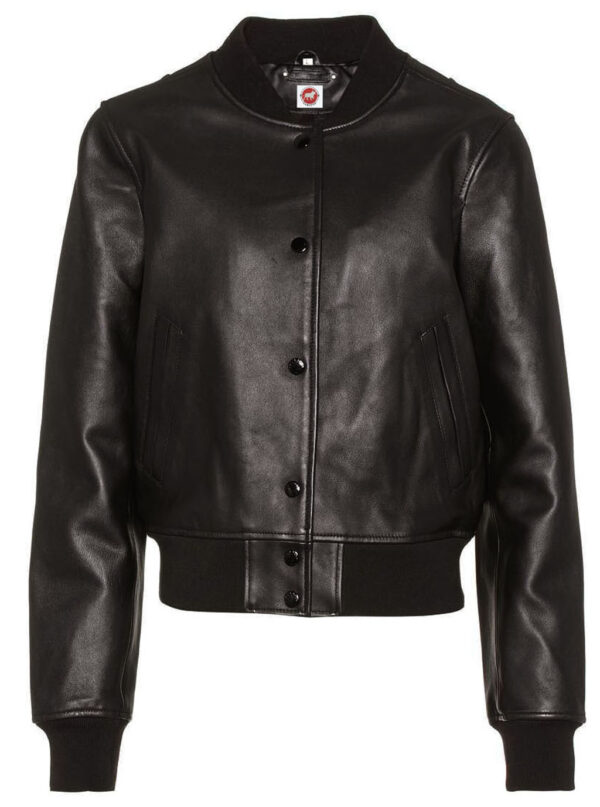 THE HUB LEATHER Luna Stylish Varsity Black Bomber Real Leather Jacket Women Banana Collar