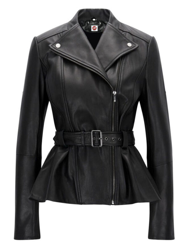 THE HUB LEATHER Belle Black Blazar Trench Coat Belted Peplum Real Leather Jacket Women