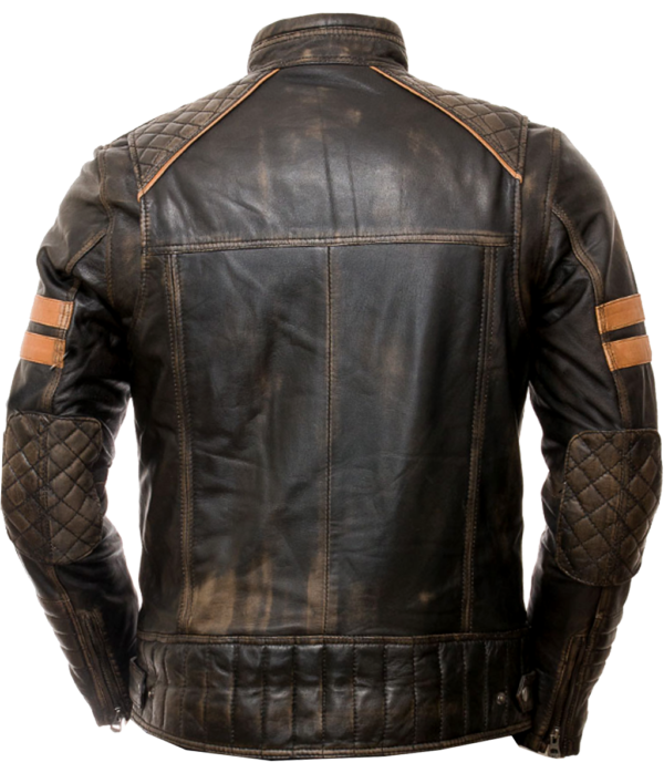 Cafe Racer Vintage Motorcycle Genuine Leather Jacket Red Strips on Sleeves Motorbike Style Retro Rub Off Black - Image 2