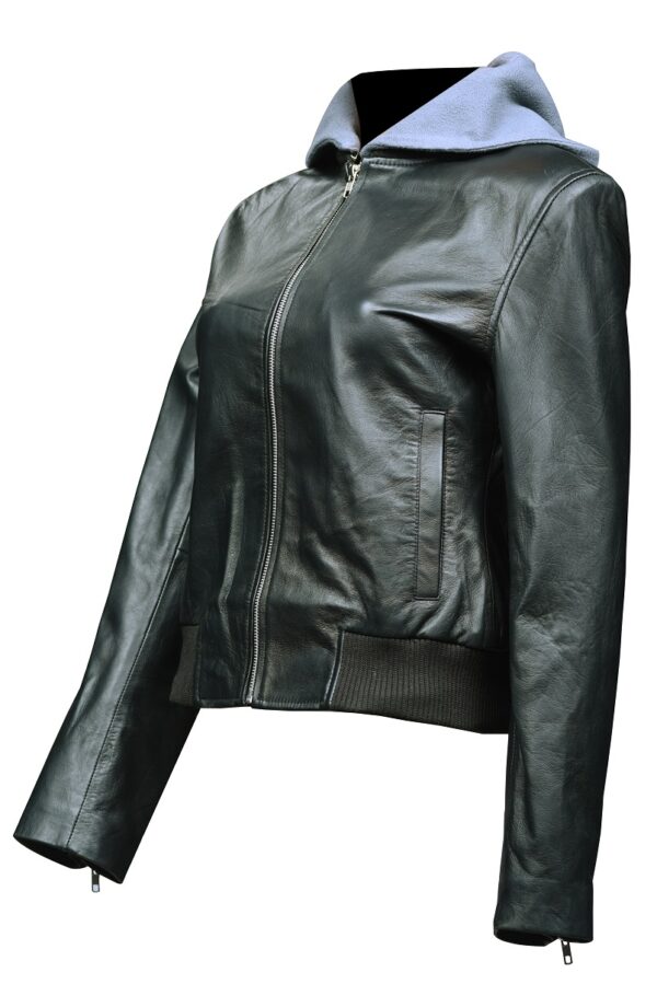 THE HUB LEATHER Spirit Black and Gray Hooded Bomber Real Leather Jacket Missy Plus Size - Image 3