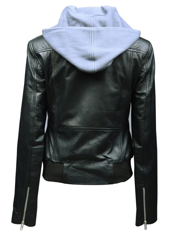 THE HUB LEATHER Spirit Black and Gray Hooded Bomber Real Leather Jacket Missy Plus Size - Image 2