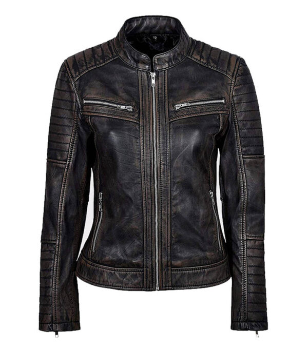 THE HUB LEATHER Cateo Rub Off Vintage Distressed Black Trendy Leather Jacket for Women