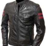 THE HUB LEATHER Symbolic Cafe Racer Bike Jacket Genuine Leather with Red Strips on Sleeves Motorcycle Black