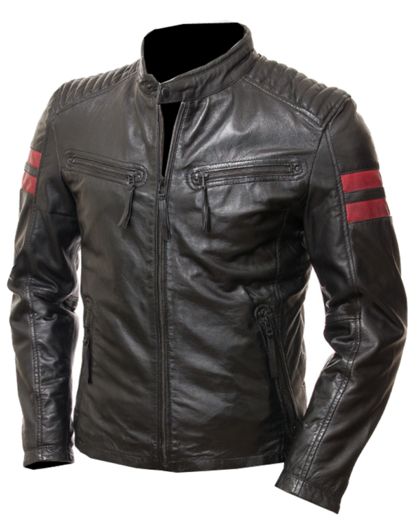 THE HUB LEATHER Symbolic Cafe Racer Bike Jacket Genuine Leather with Red Strips on Sleeves Motorcycle Black