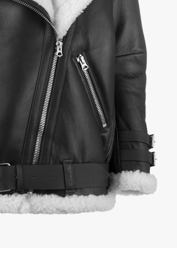 THE HUB LEATHER SnowWhite Women's Shearling Faux Fur Real Leather Jacket Buckle Design Black - Image 3