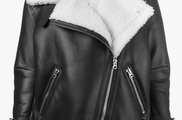 THE HUB LEATHER SnowWhite Women's Shearling Faux Fur Real Leather Jacket Buckle Design Black - Image 4