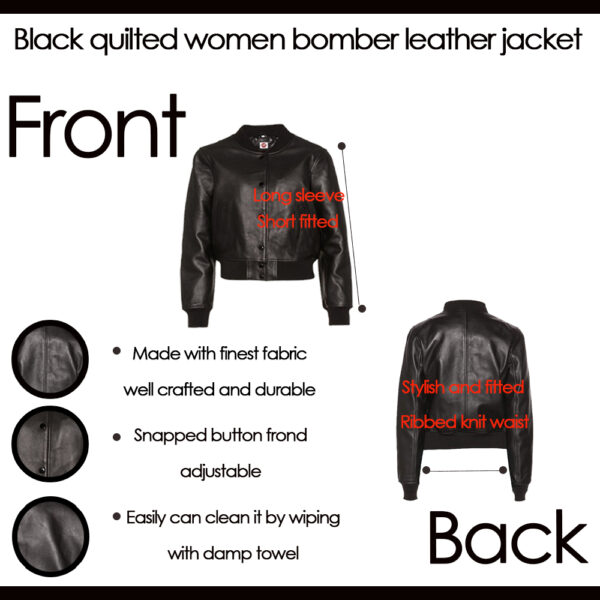 THE HUB LEATHER Luna Stylish Varsity Black Bomber Real Leather Jacket Women Banana Collar - Image 3