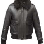 THE HUB LEATHER Men’s Bomber Genuine Leather Jacket Sheepskin Fur Collar Jacket Flap Pockets Rib Hem Black