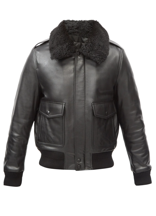 THE HUB LEATHER Men’s Bomber Genuine Leather Jacket Sheepskin Fur Collar Jacket Flap Pockets Rib Hem Black