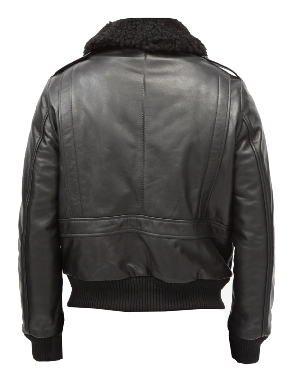 THE HUB LEATHER Men’s Bomber Genuine Leather Jacket Sheepskin Fur Collar Jacket Flap Pockets Rib Hem Black - Image 2