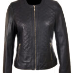 THE HUB LEATHER Velver Women’s Real Lambskin Leather Jacket Fashion Designer Studded Round Collar Black Golden Zip