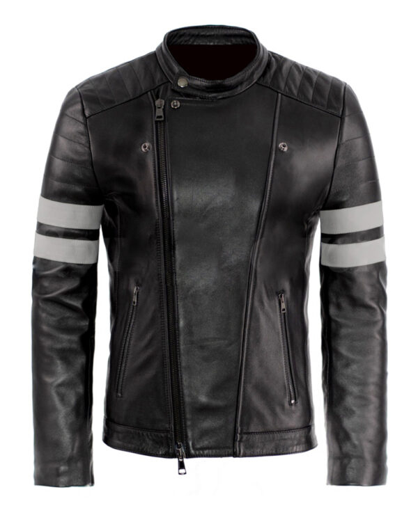 THE HUB LEATHER Legion Gray Strips Black Designer Real Leather Jacket for Men