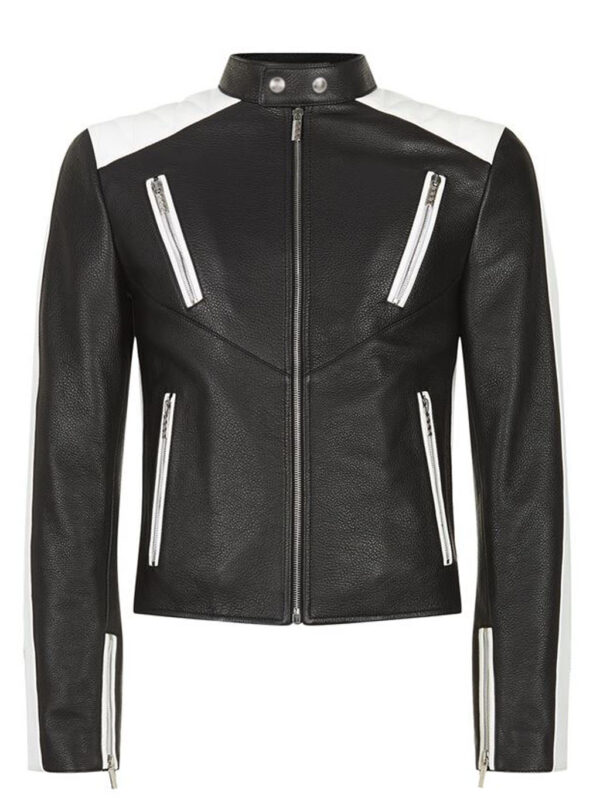 THE HUB LEATHER Techno Formula 1 White Patchwork Biker Motorcycle Real Leather Jacket Men