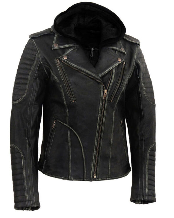 THE HUB LEATHER Rider Moto Rub Off Distressed Real Black Leather Hooded Jacket for Men
