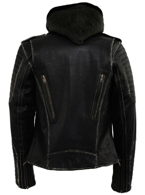 THE HUB LEATHER Rider Moto Rub Off Distressed Real Black Leather Hooded Jacket for Men - Image 2