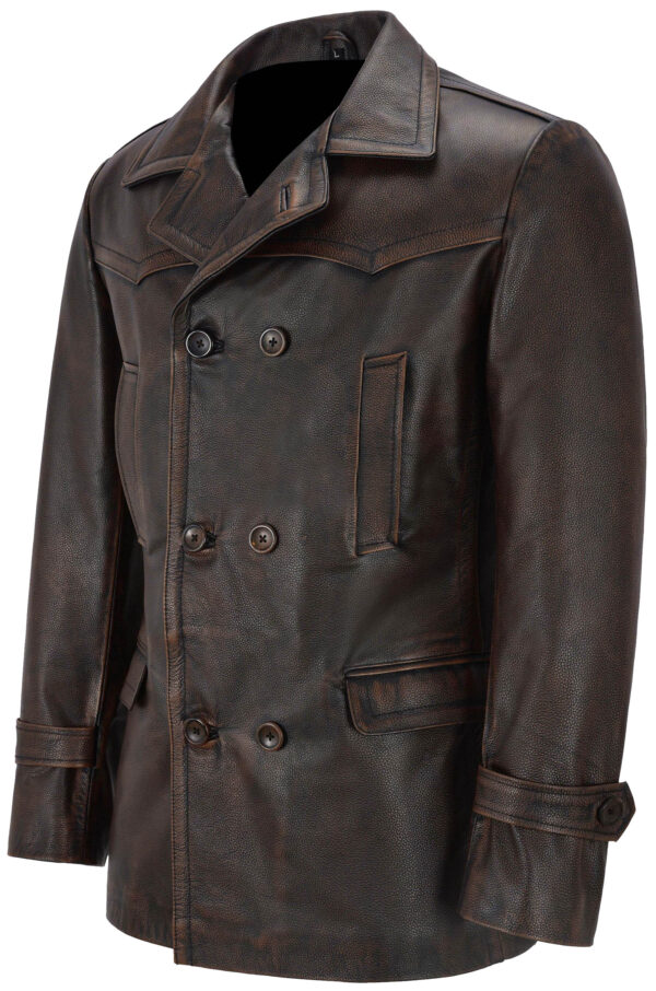 THE HUB LEATHER Handid Distressed Brown Rub Off Real Leather Trench Coat Blazer for Men