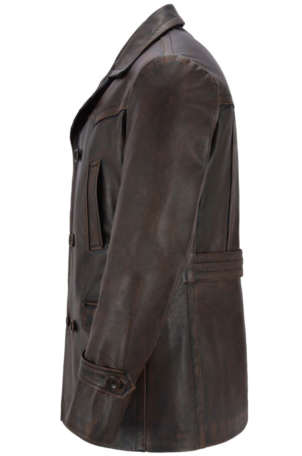 THE HUB LEATHER Handid Distressed Brown Rub Off Real Leather Trench Coat Blazer for Men - Image 3