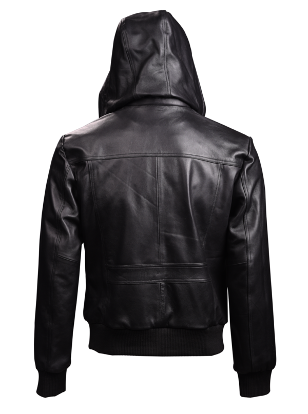 THE HUB LEATHER Panther Bomber Hooded Black Real Leather Jacket Men Big and Tall - Image 2