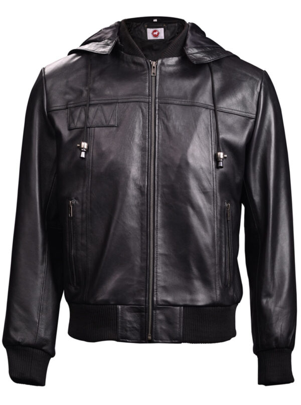 THE HUB LEATHER Panther Bomber Hooded Black Real Leather Jacket Men Big and Tall