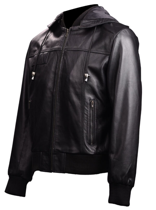 THE HUB LEATHER Panther Bomber Hooded Black Real Leather Jacket Men Big and Tall - Image 3