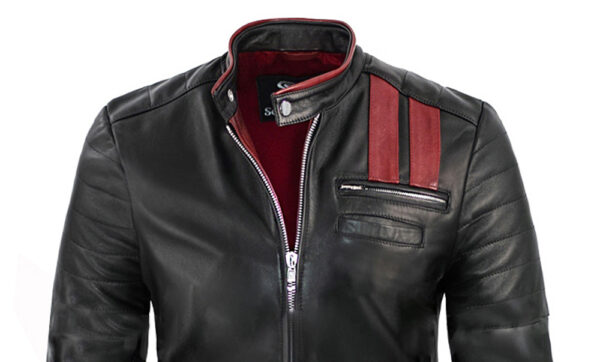 THE HUB LEATHER Hybrid Black Strips Red Designer Real Leather Jacket for Men - Image 3
