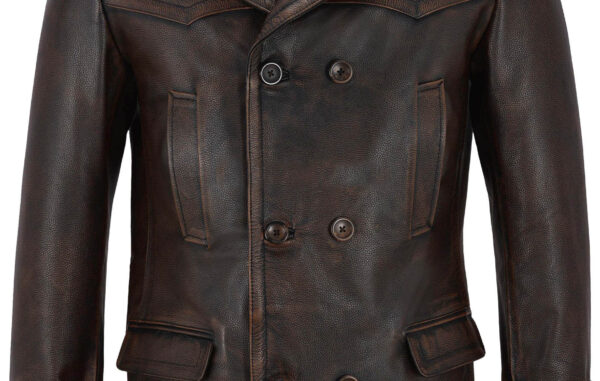 THE HUB LEATHER Handid Distressed Brown Rub Off Real Leather Trench Coat Blazer for Men - Image 4