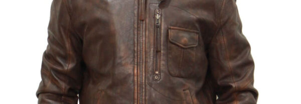 THE HUB LEATHER Distressed Rub Off Designer Moto Brown Real Leather Jacket for Men - Image 4