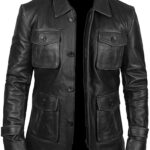 THE HUB LEATHER meninious Four Button Black Real Leather Blazar Coat for Men