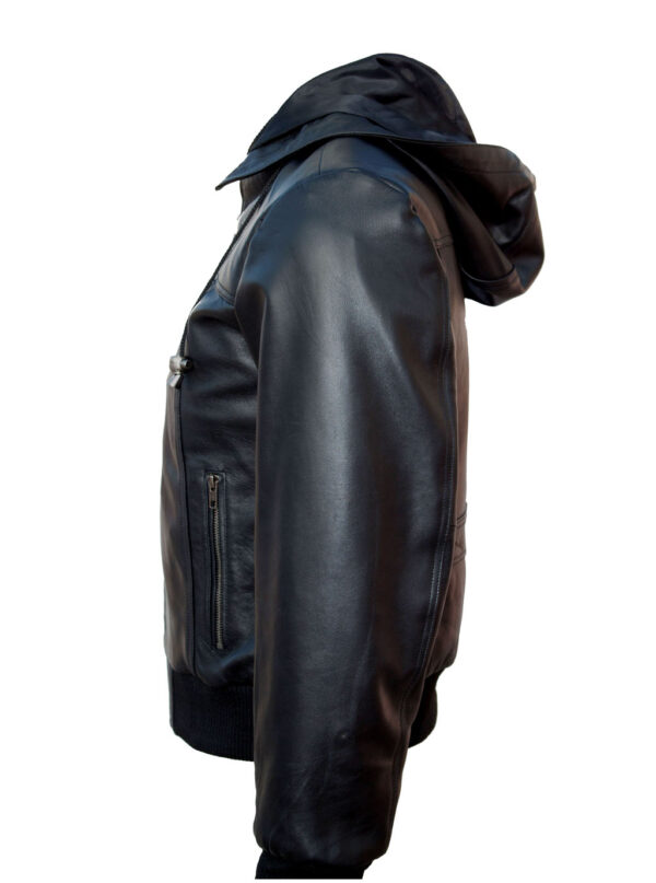 THE HUB LEATHER Panther Bomber Hooded Black Real Leather Jacket Men Big and Tall - Image 4